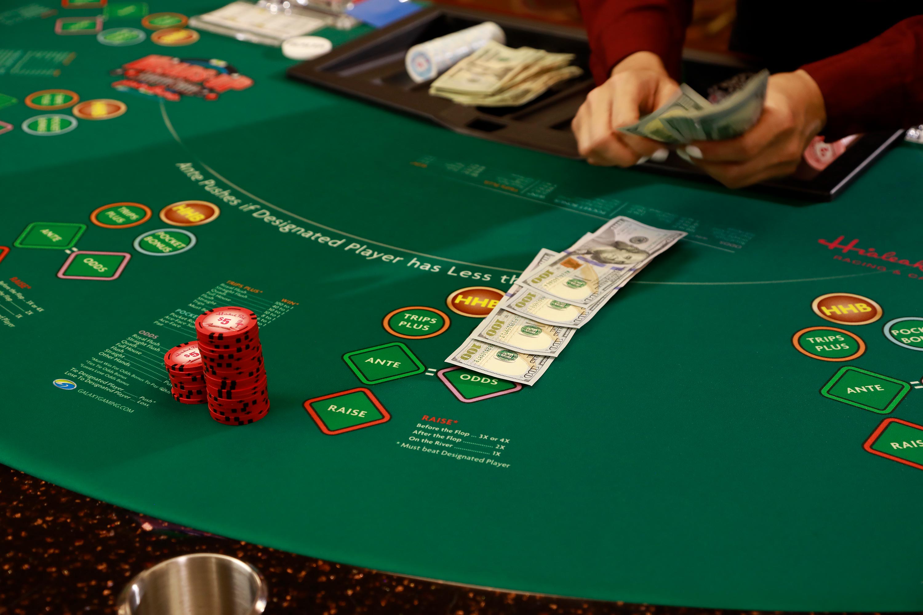 Poker table with playing cards and chips