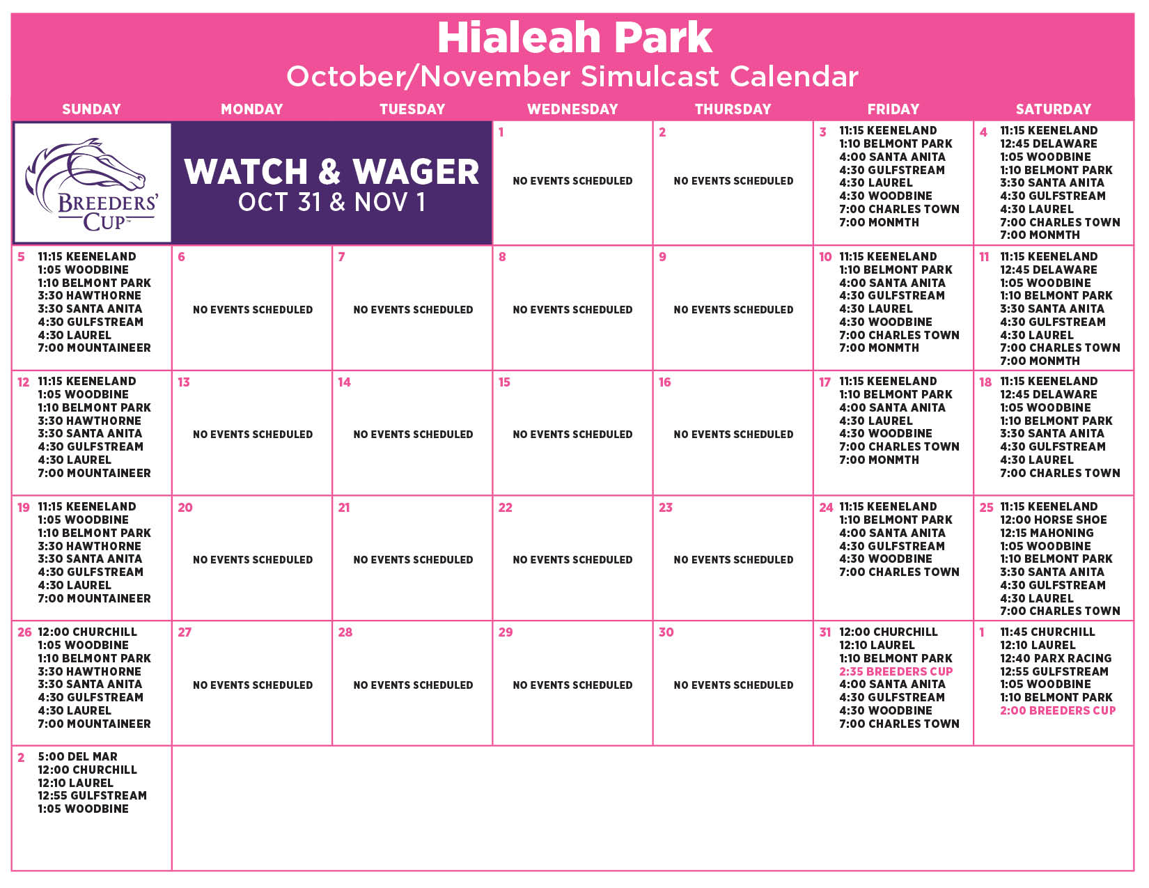 October-November Simulcast Calendar