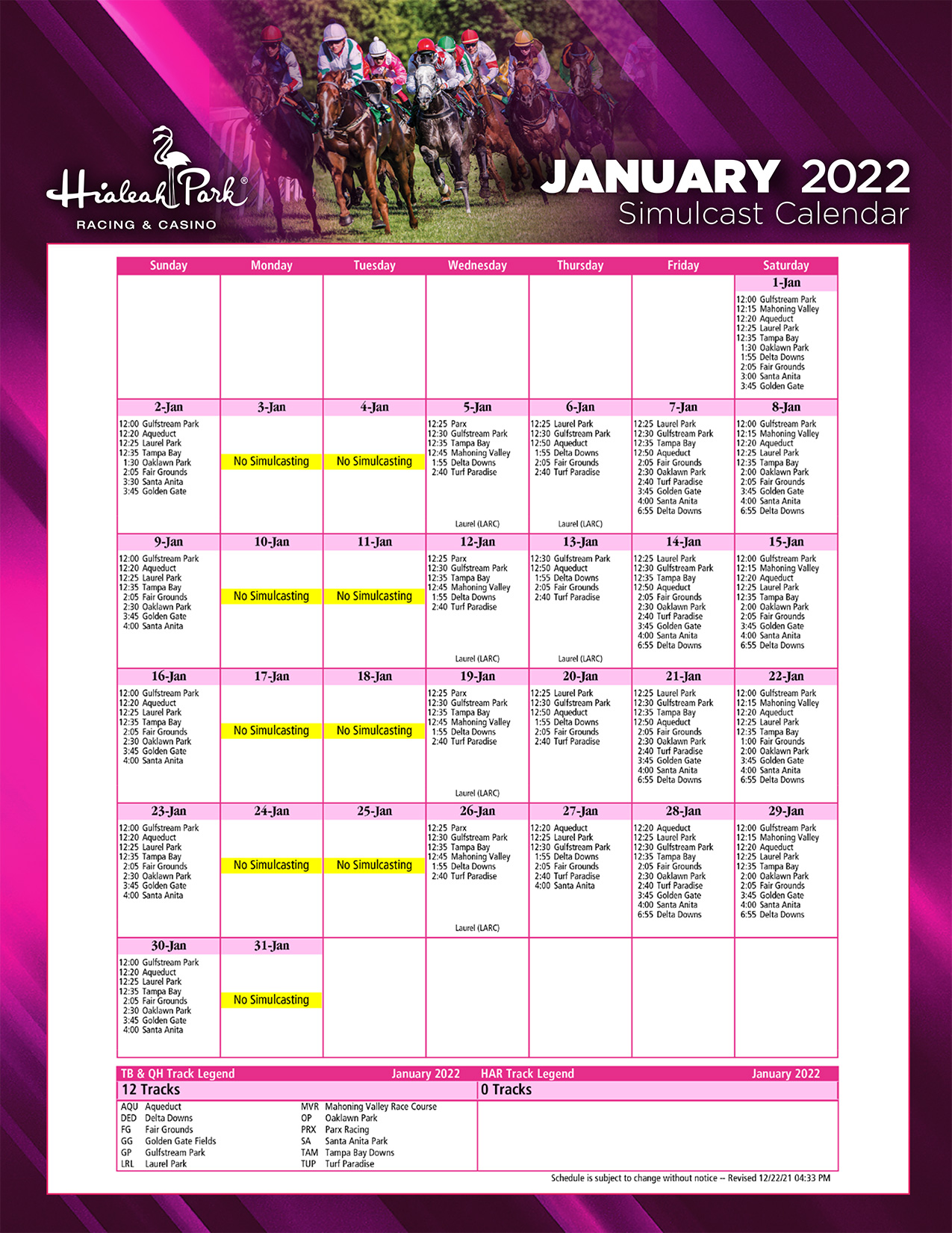 Hialeah January Simulcast Calendar