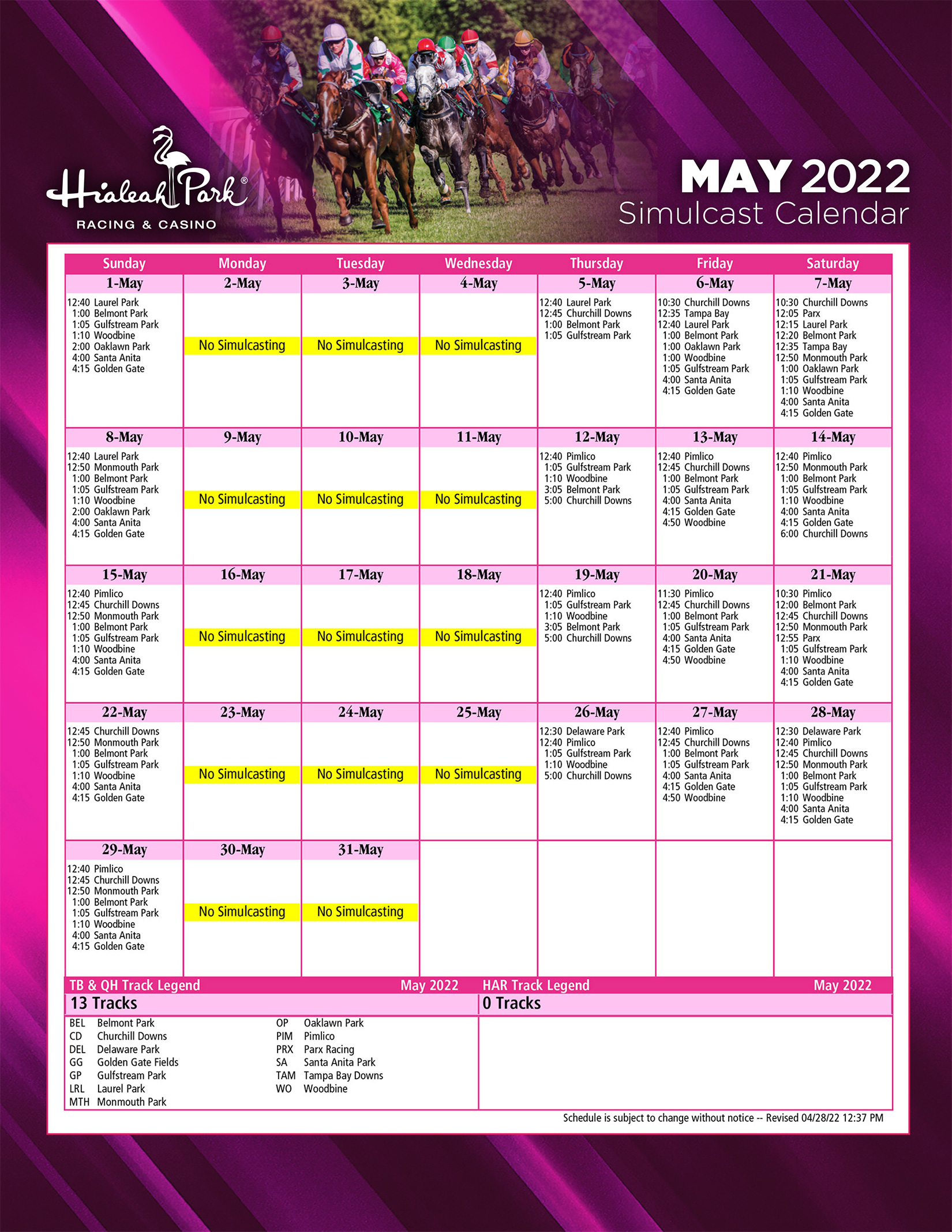 May Simulcast Calendar